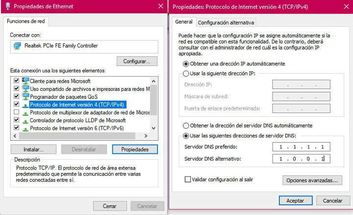 configurar DNS gratuito de Cloudflare 1.1.1.1 y 1,0.0.1 en IPV4 e IPV6