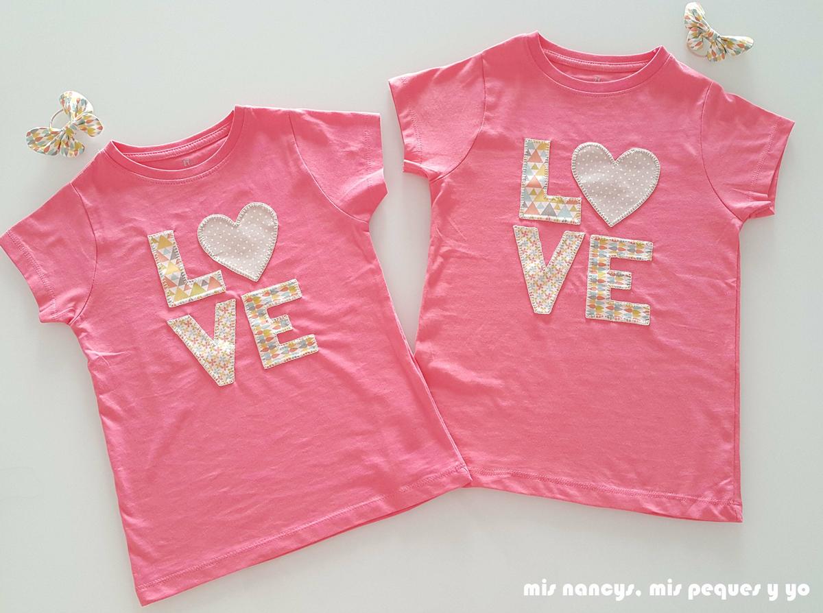 mis nancys, mis peques y yo, tutorial aplique en camiseta love, dos camisetas terminadas