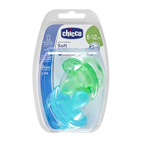 Chicco Physio Soft - Pack de dos chupetes todo goma de silicona, 6-12m, color azul