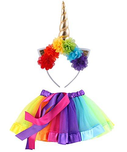 2-5 Years Rainbow Tutu Skirt Dress Unicorn Horn Flower Headband Kids Photography Outfits