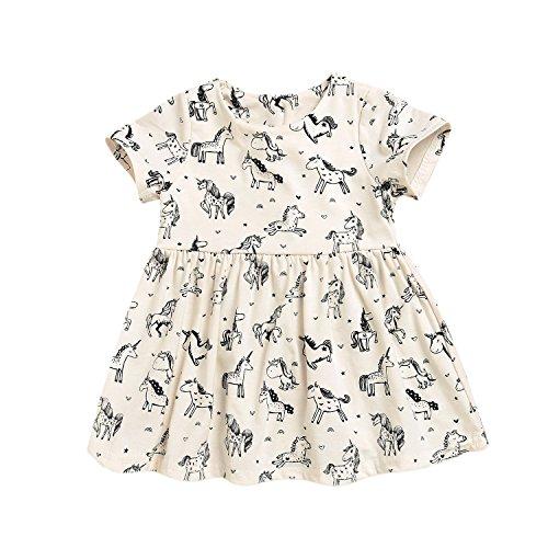 YOUNGER TREE Baby Girls Unicorn Print Summer Dress Short Sleeves Party Skirt for 0-5 Years