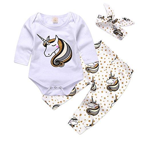 Mikrdoo Baby Clothes Set Long Sleeve Bodysuit White Tops Unicorn Printed Pants and Headband Outfits (6-12 Months)
