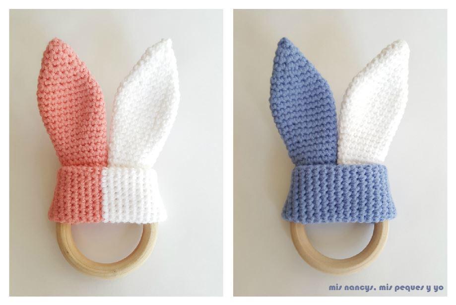 mis nancys, mis peques y yo, mordedores conejito de crochet, en color azul, blanco y rosa