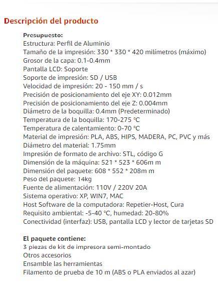 Especificaciones técnicas Tronxy X3S