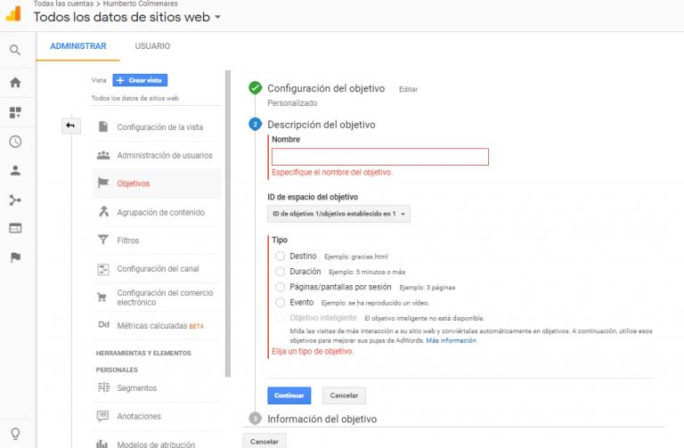 Descripción del objetivo en analytics