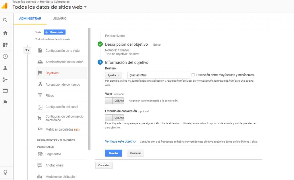 Información del objetivo en Google Analytics