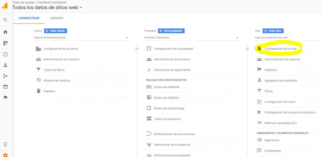 configuracion de la vista analytics