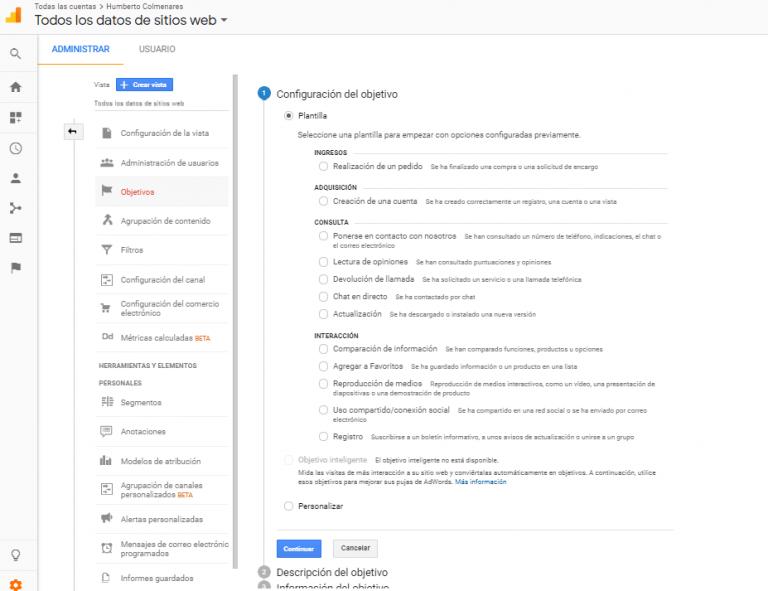 Configuración de objetivos analytics