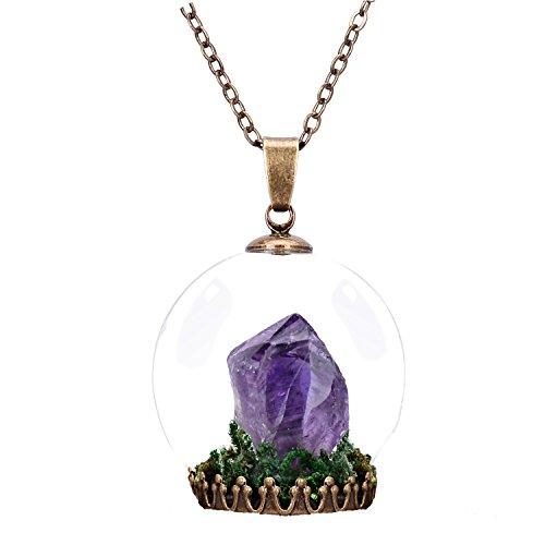Amethyst Crystal Necklace Chakra Birthstone Necklace Quartz Point Raw Amethyst Green Moss Terrarium Bestfriend Gifts