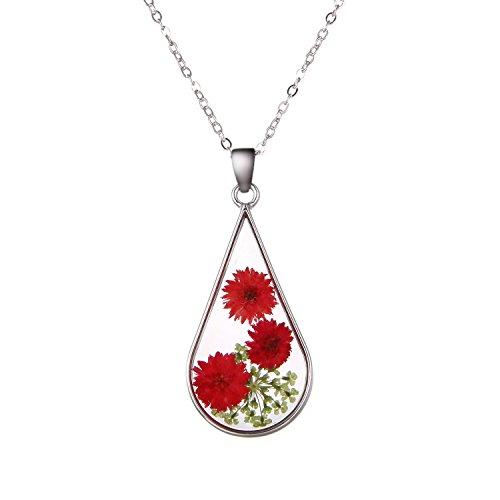 Rinhoo Silver Plated Handmade Real Dry Pressed Flower Cross Bar Shape Pendant Necklace Women Girls Jewelry (Teardrop(3 Flower))