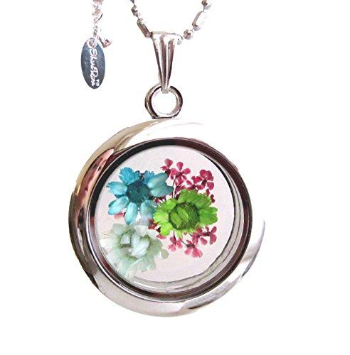 Real flower necklace pendant glass floating locket silver botanical jewelry mini terrarium (4 pressed flowers - fuchsia blue green - f004)