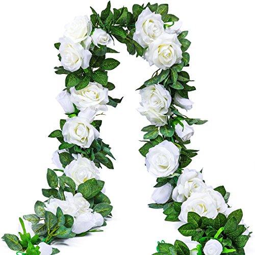 PARTY JOY 6.5Ft Artificial Rose Vine Silk Flower Garland Hanging Baskets Plants Home Outdoor Wedding Arch Garden Wall Decor,2PCS (White)