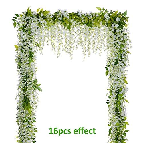 Lvydec Wisteria Artificial Flowers Garland, 4Pcs Total 28.8ft White Artificial Wisteria Vine Silk Hanging Flower For Home Garden Outdoor Ceremony Wedding Arch Floral Decor