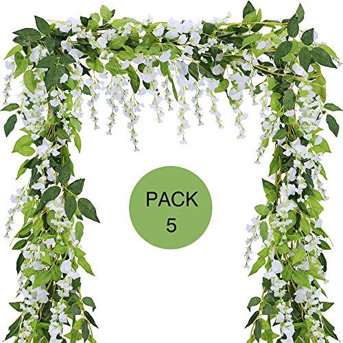 Supla Pack of 5 Artificial Wisteria Hanging Garland in White Silk Wisteria Hanging Vine - 6.6 Long - 6 String Flowers for Home Garden Outdoor Yard Ceremony Wedding Arch Floral
