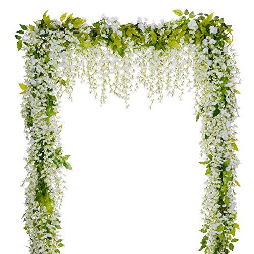 DearHouse Wisteria Artificial Flowers Garland, 44.2FT 6Pcs White Artificial Wisteria Vine Silk Hanging Flower For Home Garden Outdoor Ceremony Wedding Arch Floral Decor
