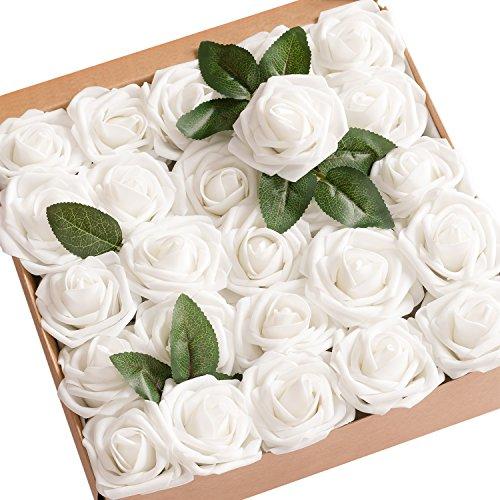 lings moment Artificial Flowers White Roses 25pcs Real Looking Fake Roses w/Stem for DIY Wedding Bouquets Centerpieces Party Baby Shower Home Décor