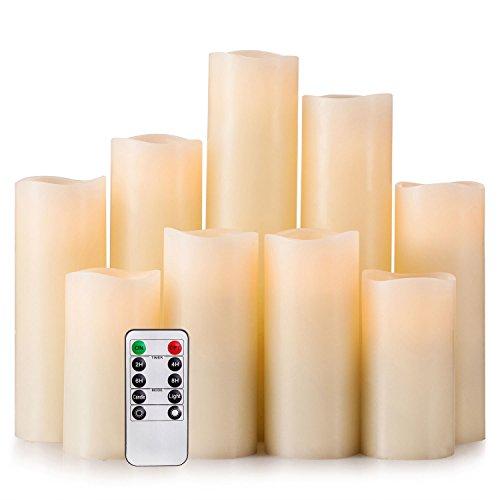 Ry-king 4" 5" 6" 7" 8" 9" Pillar Flickering Flameless LED Candles with 10-key Remote Timer, Set of 9