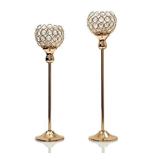 VINCIGANT Modern Gold Crystal Tea Light Stand Candle Cup Holder Pillar for Anniversary Celebration Wedding Coffee Table Decorative Centerpiece Candelabra, Home Decor Accent Set of 2