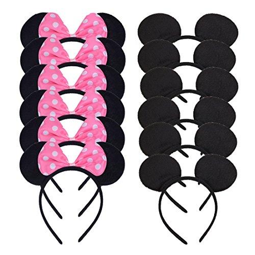 Set of 12 Mickey Minnie Mouse Costume Deluxe Fabric Ears Black Headband Pink Bow Boys Girls Birthday Party Hairs Accessories Baby Shower Headwear Halloween Party Favors Decorations (Pink Black)