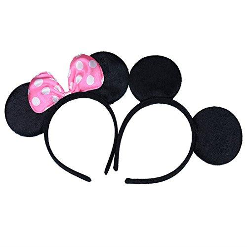 Set of 2 Mickey Minnie Mouse Ears Headband Boys Girls Birthday Party Mom Hairs Accessories Baby Shower Headwear Halloween Party Decorations Costume Deluxe Fabric Ears with Dots Pink Bow (Pink Black)