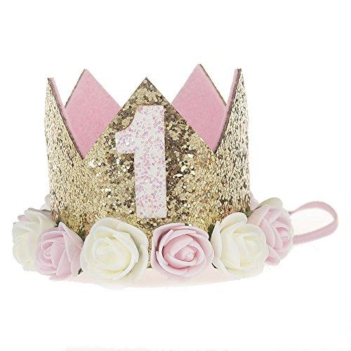 Baby Princess Tiara Crown, Baby Girls/ Kids First Birthday Hat Sparkle Gold Flower Style with Artificial Rose Flower (1st Golden Crown)