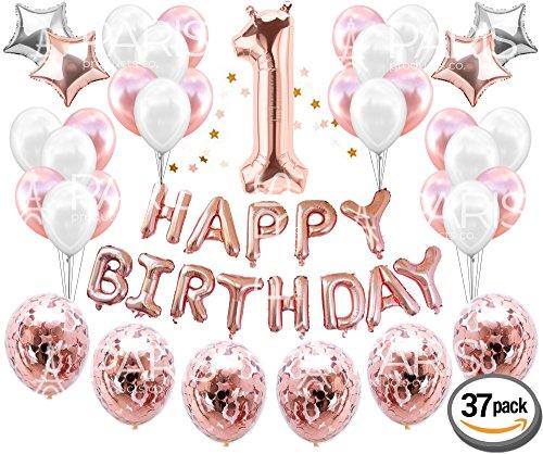 1st BIRTHDAY GIRL DECORATIONS (37 Piece Set) | Great for 1st Birthday Party Supplies and Rose Gold Party Decorations | Includes Rose Gold Confetti Balloons | Happy First BDay Princess Decorations