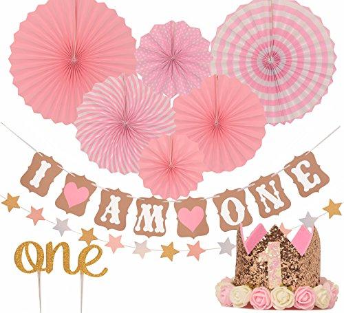 FIRST BIRTHDAY DECORATION SET FOR GIRL - 1st Baby Girl Birthday Party Hat Gold Crown, Circle Dots Paper Garland, Cake Topper -"One", "I Am One Banner, Fiesta Pink Hanging Paper Fan Flower