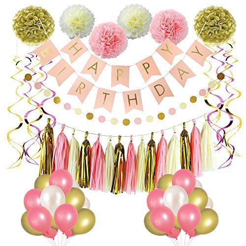 LITAUS Pink and Gold Birthday Party Decorations, balloons, Pom Poms Flowers, birthday banner, paper Garland, Tassels, Hanging Swirl for 1st Birthday Girl Decorations