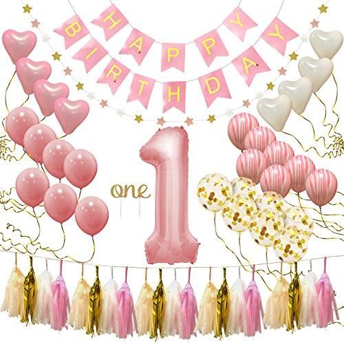 First Birthday Decorations for Girl | 1st Baby Girl Number 1 Balloon, Happy Birthday Banner, “One” Cake Topper, Star Garland, Marble Pink, Gold Confetti, Heart Balloons, Paper Tassels | PartyHooman