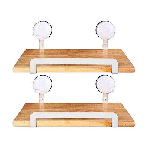 Creatwo Floating Wall Shelf Wood Spice Rack with Metal Rail and Suction Cups for Kitchen/Bathroom No Damage to Wall, Beige