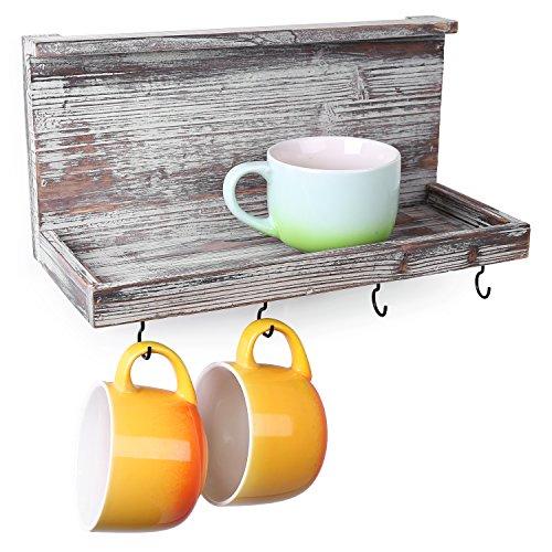 MyGift Torched Barnwood Wall Mounted Floating Shelf with 4 Hooks