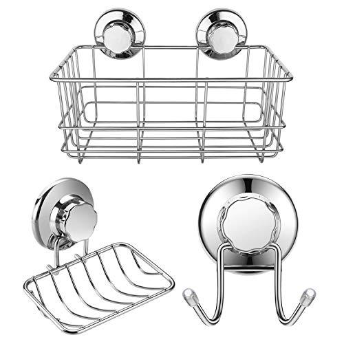 iPEGTOP Strong Suction Cup Deep Shower Caddy Bath Shelf Storage + Soap Dish Holder + Double Towel Hooks Stainless Steel for Shampoo, Conditioner, Soap, Razor Bathroom Kitchen Accessories, 3 Sets