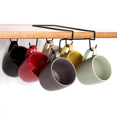 6 Hook Under-Shelf Black Metal Mug Rack, Coffee Cup Holder