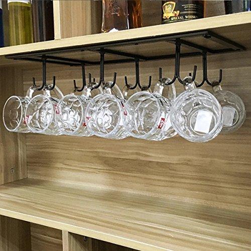 WTT Warm Van Retro Creative Under Cabinet 12 Hook Shelf,Mugs Coffee Cups Wine Glasses Storage Drying Rack,Cabinet Hanging Shelves,Organizer for Ties and Belts,Upside Down Wine Glass Holder (Black)