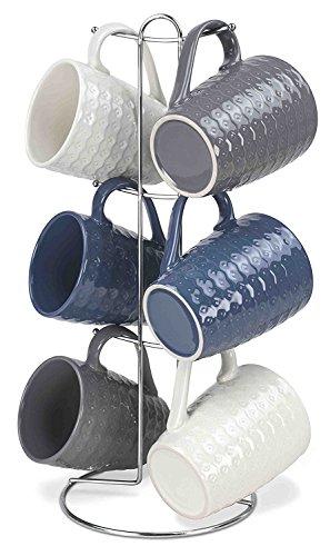 Home Basics 7 Piece Diamond Mug Set 6 11 oz Mugs and Mug Stand in Navy, Gray and White Fun and Stylish Decorative Display For your Kitchen