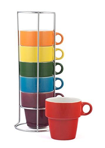 Gypsy Color Ceramic Coffee Mug Set of 6 Medium (8 oz.) Stackable Coffee Cups with Chrome Stand, Mulicolor Rainbow Flag Colors