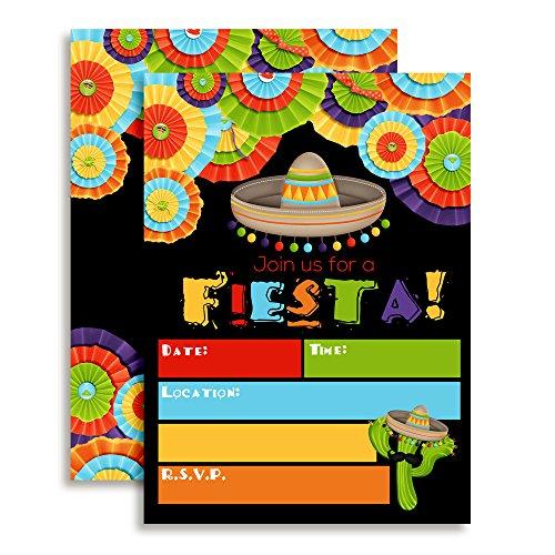 Fiesta Mexican Themed Party Invitations for Birthday Celebration, Retirement, or Cinco De Mayo, Ten 5"x7" Fill in Cards with 10 White Envelopes by AmandaCreation