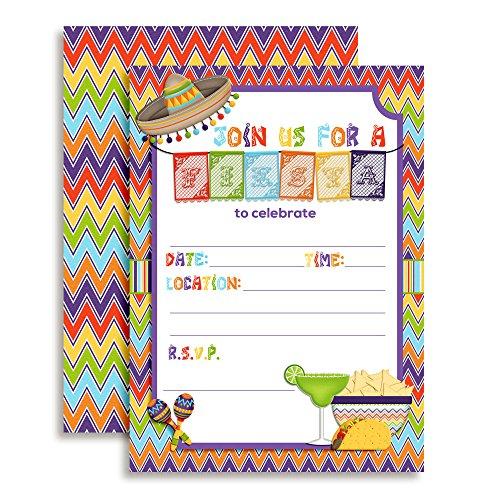 Mexican Fiesta Papel Picado Banner Themed Party Invitations for Birthday Celebration, Retirement, or Cinco De Mayo, Ten 5"x7" Fill In Cards with 10 White Envelopes by AmandaCreation