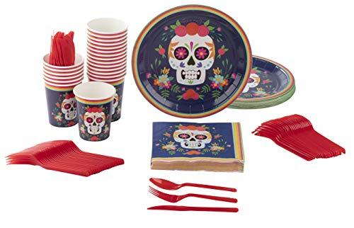 Disposable Dinnerware Set - Serves 24 - Day of The Dead Party Supplies for Kids Birthdays, Dia De Los Muertos Skull Design, Includes Plastic Knives, Spoons, Forks, Paper Plates, Napkins, Cups