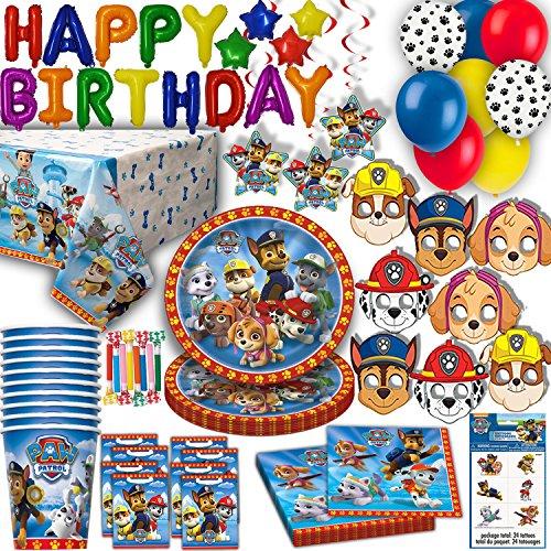 HeroFiber Paw Patrol Party for 16 - Plates, Cups, Napkins, Balloons, Inflatable HAPPY BIRTHDAY Banner, Masks, Loot Bags, Hanging Swirls, Tattoos, Table Cover, Blowouts - Decorations + Supplies