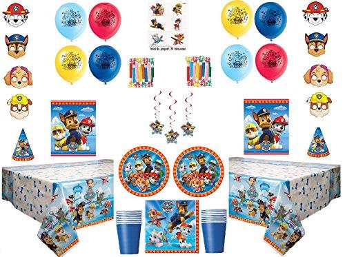Paw Patrol Deluxe Party for 16 Guests - Includes Plates, Cups, Napkins, Birthday Hats, Balloons, Masks, Loot Bags, Hanging Swirls, Tattoos, Tablecovers, Blowouts - Decorations Supplies
