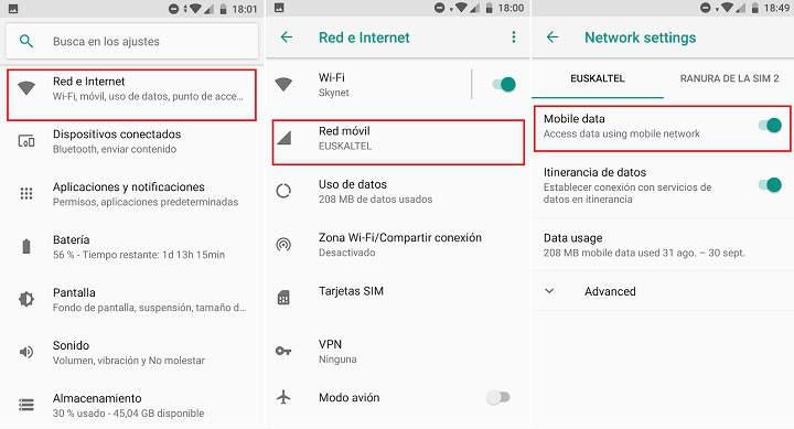 como activar los datos móviles de tu operadora de Internet en Android