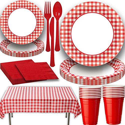 Picnic Party Supply Set for 16. Includes Classic Red Gingham Plastic Tablecloth, Large and Small Gingham Paper plates and Coordinating Red Napkins, Cutlery and 18 oz Plastic Party Cups