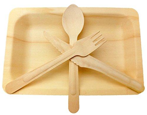 Wooden Disposable Cutlery Set of 10 Plate,10 Forks, 10 Spoons, 10 Knives, 6 inch Utensils,Biodegradable, Compostable Dinnerware,Wedding,BBQ, Catering & Party Supplies(Pack of 40)