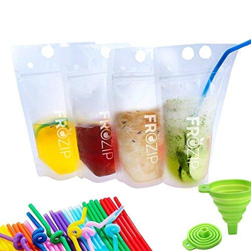 Deluxe 50-Pcs Disposable Drink Container Set By FroZip – Drink Pouches W/ Gusset Bottom & Reclosable Zipper For Cold & Hot Drinks – Non-Toxic, BPA & Phthalate Free – 50 Straws & Funnel Included