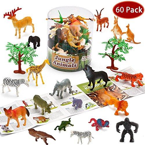 Joyin Toy 60 Pieces Safari Jungle Animal Figures Toddler Toy Set Realistic Wild Plastic Animal Playset - Animal Encyclopedia Included (2.5 to 5.5 Inches)