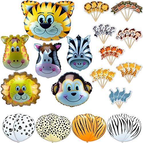 Jungle Animals Foil Latex Balloons Birthday Party Decorations Lion Tiger Monkey Zebra Giraffe Cow SAFARI ZOO Cupcake Toppers Pack of 34