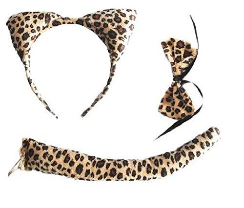 Black/Brown Leopard Spots Wild Animal Cat Ears Band Bow Tail Fancy Dress Up Set