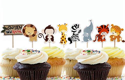 Yunko 24 Pcs Cute Decorative Cupcake Muffin Toppers Wild Animals Zoo Zebra Lion Tiger Elephant Giraffe Baby Shower Birthday Party Favors