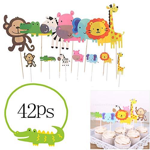 Efivs Arts 42 Pcs Wild Animal Zoo Park Cake Cupcake Topper for Baby Shower Kids Birthday Party Decorations Lion Hippo Monkey Elephant Zebra Giraffe Crocodile